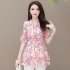 Summer Short Sleeves Chiffon Shirt For Women Fashion Sweet Floral Printing Blouse Trendy V Neck Pullover Tops green XL