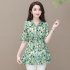Summer Short Sleeves Chiffon Shirt For Women Fashion Sweet Floral Printing Blouse Trendy V Neck Pullover Tops green XL