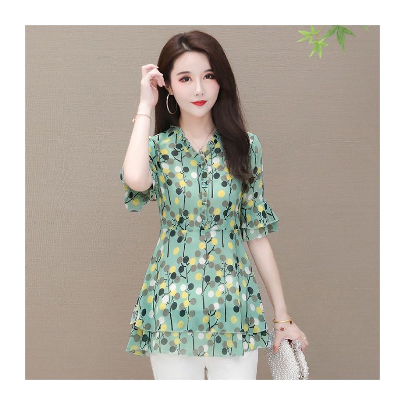 Summer Short Sleeves Chiffon Shirt For Women Fashion Sweet Floral Printing Blouse Trendy V Neck Pullover Tops green XL