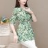Summer Short Sleeves Chiffon Shirt For Women Fashion Sweet Floral Printing Blouse Trendy V Neck Pullover Tops green XL