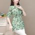 Summer Short Sleeves Chiffon Shirt For Women Fashion Sweet Floral Printing Blouse Trendy V Neck Pullover Tops green XL