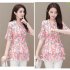 Summer Short Sleeves Chiffon Shirt For Women Fashion Sweet Floral Printing Blouse Trendy V Neck Pullover Tops green XL