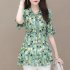 Summer Short Sleeves Chiffon Shirt For Women Fashion Sweet Floral Printing Blouse Trendy V Neck Pullover Tops green XL