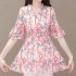 Summer Short Sleeves Chiffon Shirt For Women Fashion Sweet Floral Printing Blouse Trendy V Neck Pullover Tops green XL