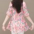 Summer Short Sleeves Chiffon Shirt For Women Fashion Sweet Floral Printing Blouse Trendy V Neck Pullover Tops green XL