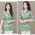 Summer Short Sleeves Chiffon Shirt For Women Fashion Sweet Floral Printing Blouse Trendy V Neck Pullover Tops green XL