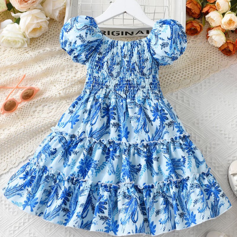 Summer Short Sleeves Dress For Girls Elegant Printing Fashion Ruffled A-line Skirt Casual Breathable Dress As shown 8-9Y 130cm
