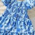Summer Short Sleeves Dress For Girls Elegant Printing Fashion Ruffled A line Skirt Casual Breathable Dress As shown 8 9Y 130cm