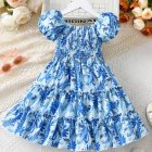 Summer Short Sleeves Dress For Girls Elegant Printing Fashion Ruffled A-line Skirt Casual Breathable Dress As shown 10-12Y 140cm