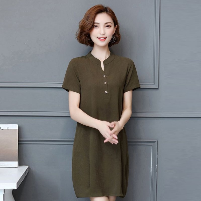 Summer Short Sleeves Dress For Women Elegant V-neck Large Size Loose Midi Skirt Simple Solid Color Dress Army Green M
