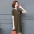 Summer Short Sleeves Dress For Women Elegant V neck Large Size Loose Midi Skirt Simple Solid Color Dress Army Green M
