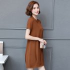 Summer Short Sleeves Dress For Women Elegant V-neck Large Size Loose Midi Skirt Simple Solid Color Dress Khaki L