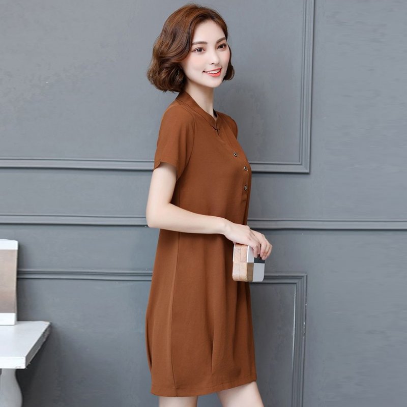 Summer Short Sleeves Dress For Women Elegant V-neck Large Size Loose Midi Skirt Simple Solid Color Dress Khaki M