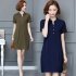Summer Short Sleeves Dress For Women Elegant V neck Large Size Loose Midi Skirt Simple Solid Color Dress Khaki M