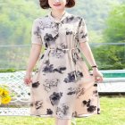 Summer Short Sleeves Dress For Women Elegant Floral Printing Large Size Midi Skirt Casual Round Neck Chiffon Dress Khaki L