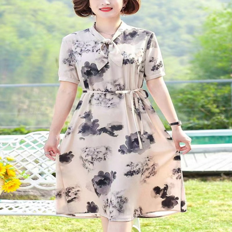 Summer Short Sleeves Dress For Women Elegant Floral Printing Large Size Midi Skirt Casual Round Neck Chiffon Dress Khaki XL