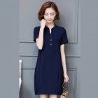 Summer Short Sleeves Dress For Women Elegant V-neck Large Size Loose Midi Skirt Simple Solid Color Dress Royal blue L