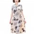 Summer Short Sleeves Dress For Women Elegant Floral Printing Large Size Midi Skirt Casual Round Neck Chiffon Dress Khaki XXXXXL