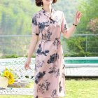 Summer Short Sleeves Dress For Women Elegant Floral Printing Large Size Midi Skirt Casual Round Neck Chiffon Dress Pink L