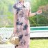 Summer Short Sleeves Dress For Women Elegant Floral Printing Large Size Midi Skirt Casual Round Neck Chiffon Dress Pink XXXL
