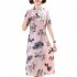 Summer Short Sleeves Dress For Women Elegant Floral Printing Large Size Midi Skirt Casual Round Neck Chiffon Dress Pink 7XL