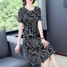 Summer Short Sleeves Dress For Women Large Size Round Neck Midi Skirt Elegant Letter Printing Dress black M