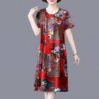 Summer Short Sleeves Dress For Women Retro Digital Printing Round Neck A-line Skirt Loose Pullover Dress red M