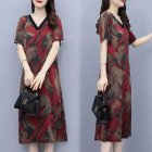 Summer Short Sleeves Dress For Women Fashion V Neck Ice Silk Midi Skirt Retro Printing Loose Large Size Dress red L