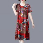Summer Short Sleeves Dress For Women Retro Digital Printing Round Neck A-line Skirt Loose Pullover Dress red XL