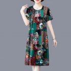 Summer Short Sleeves Dress For Women Retro Digital Printing Round Neck A-line Skirt Loose Pullover Dress blue XL