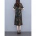 Summer Short Sleeves Dress For Women Fashion V Neck Ice Silk Midi Skirt Retro Printing Loose Large Size Dress green 4XL