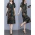 Summer Short Sleeves Dress For Women Fashion V Neck Ice Silk Midi Skirt Retro Printing Loose Large Size Dress green 4XL