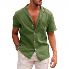 Summer Short Sleeves Shirt For Men Fashion Lapel Cotton Linen Button Cardigan Tops Army Green S