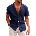 Summer Short Sleeves Shirt For Men Fashion Lapel Cotton Linen Button Cardigan Tops navy blue S