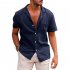 Summer Short Sleeves Shirt For Men Fashion Lapel Cotton Linen Button Cardigan Tops navy blue M