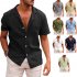 Summer Short Sleeves Shirt For Men Fashion Lapel Cotton Linen Button Cardigan Tops Khaki 2XL