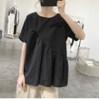Summer Short Sleeves Shirts For Women Fashion Irregular Cotton Linen Blouse Round Neck Solid Color Tops black XL