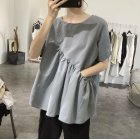 Summer Short Sleeves Shirts For Women Fashion Irregular Cotton Linen Blouse Round Neck Solid Color Tops gray blue S