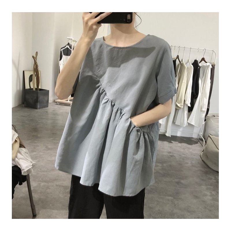 Summer Short Sleeves Shirts For Women Fashion Irregular Cotton Linen Blouse Round Neck Solid Color Tops gray blue S