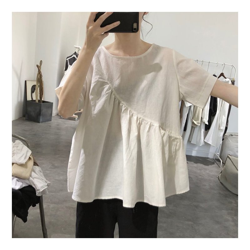 Summer Short Sleeves Shirts For Women Fashion Irregular Cotton Linen Blouse Round Neck Solid Color Tops Beige XL
