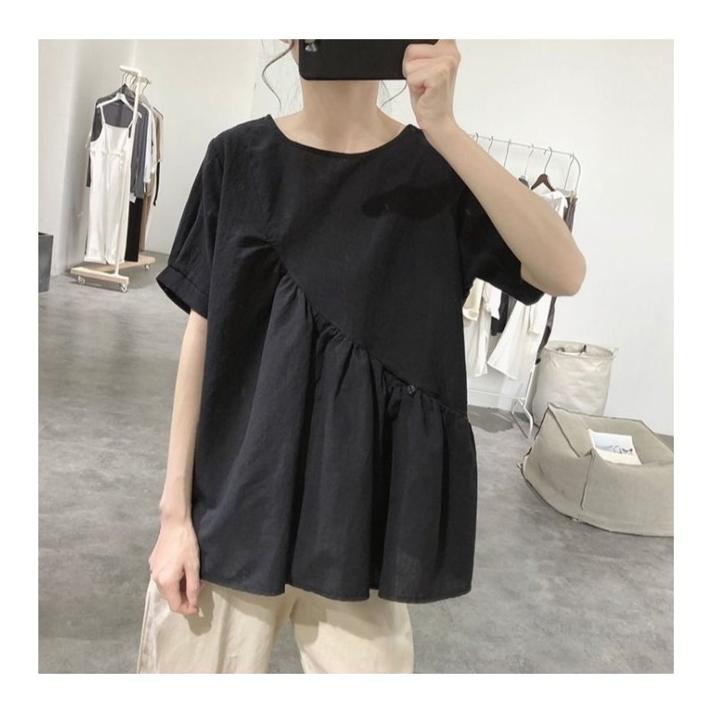Summer Short Sleeves Shirts For Women Fashion Irregular Cotton Linen Blouse Round Neck Solid Color Tops black M