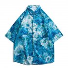 Summer Short Sleeves T-shirt For Men Retro Hawaiian Flower Printing Beach Shirt Lapel Loose Cardigan Tops 3323 blue XXL