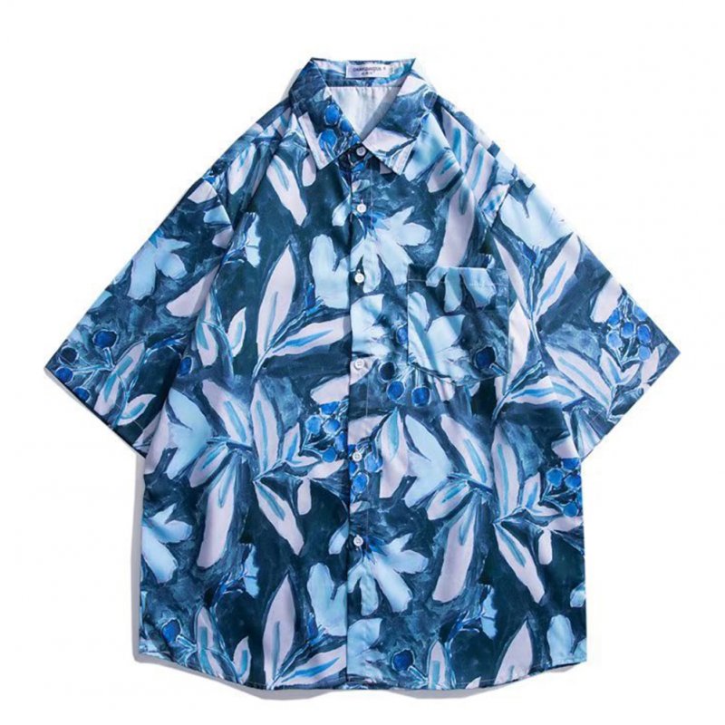 Summer Short Sleeves T-shirt For Men Retro Hawaiian Flower Printing Beach Shirt Lapel Loose Cardigan Tops 3325 blue L