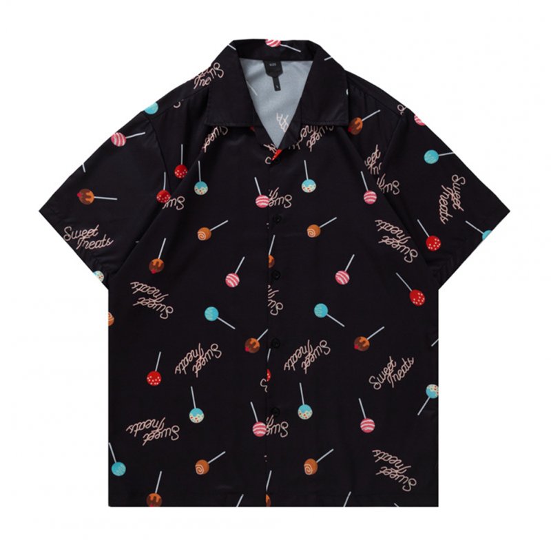 Summer Short Sleeves T-shirt For Men Women Trendy Printing Lapel Cardigan Tops Casual Beach Shirt For Couple ZZ18 black M