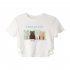 Summer Short Sleeves T shirt For Women Trendy Cute Cat Printing Crop Tops Round Neck Slim Fit Blouse White L