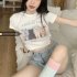 Summer Short Sleeves T shirt For Women Trendy Cute Cat Printing Crop Tops Round Neck Slim Fit Blouse White L