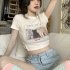 Summer Short Sleeves T shirt For Women Trendy Cute Cat Printing Crop Tops Round Neck Slim Fit Blouse White L