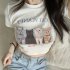 Summer Short Sleeves T shirt For Women Trendy Cute Cat Printing Crop Tops Round Neck Slim Fit Blouse White L