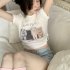 Summer Short Sleeves T shirt For Women Trendy Cute Cat Printing Crop Tops Round Neck Slim Fit Blouse White L