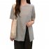 Summer Short Sleeves T shirt For Women Casual Large Size Irregular Split Blouse Round Neck Solid Color Tops light grey 2XL